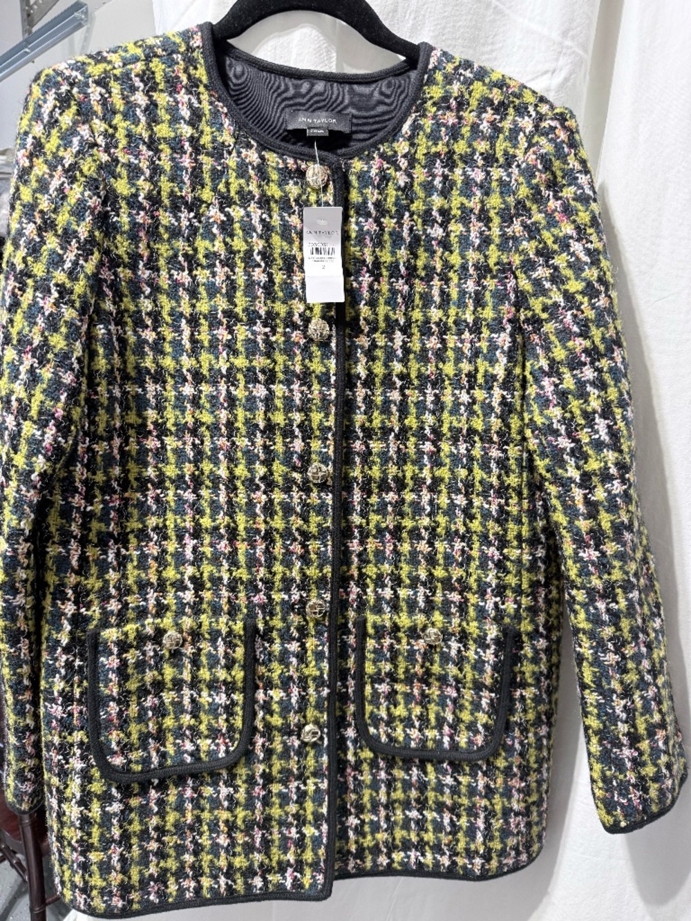NWT - Ann Taylor Long Crew Neck Jacket Houndstooth Tweed- Sz 2